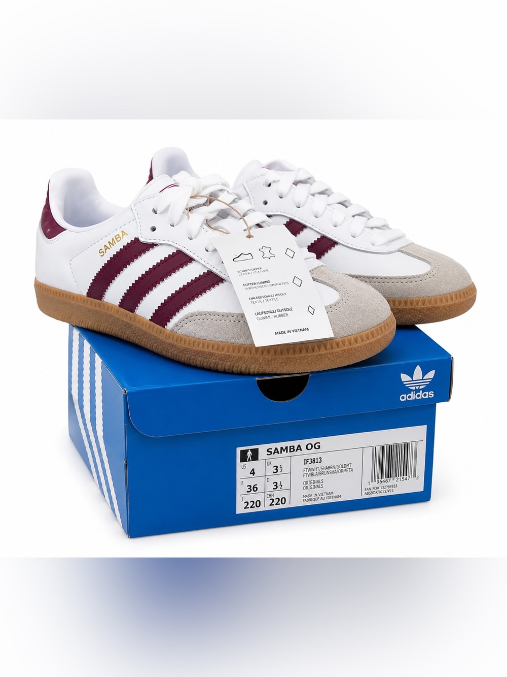 Adidas Samba OG Kids Size 4 White Burgundy Gum IF381
